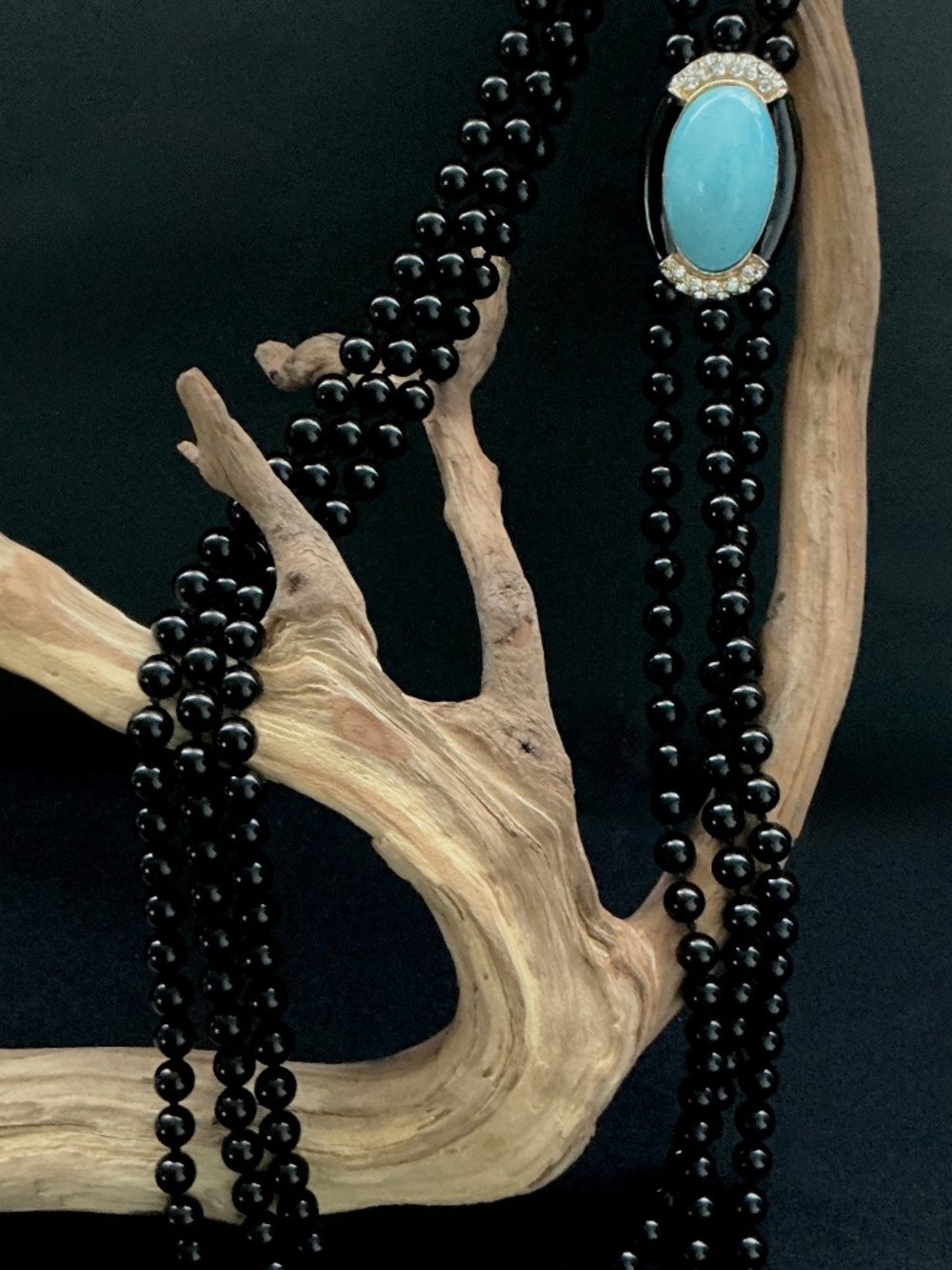 BushkaBlue Vintage Black Triple Strand Necklace Robin Egg Blue Rhinestone Accent